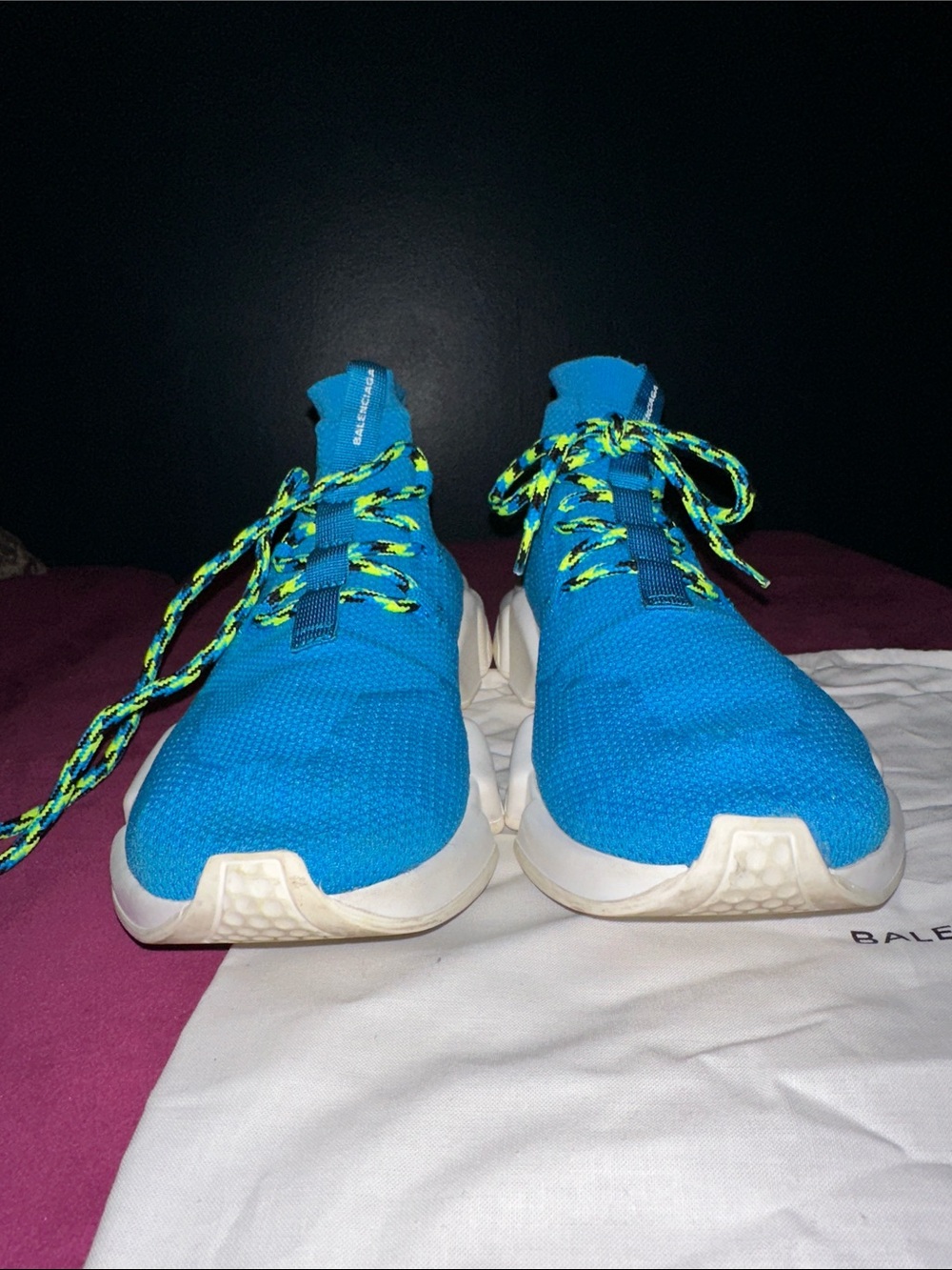 Balenciaga Turquoise Knit Speed Trainer Sneakers with Neon Laces - Picture 7 of 13